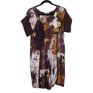 United Bamboo gathered neck bow burgundy gold abstract art mini Sample dress S/M